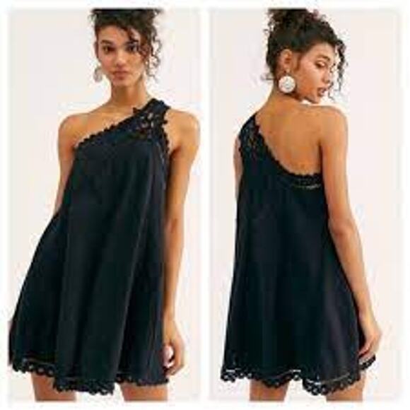 Free People Billie Battenberg Lace Dress One Shoulder Black A Line Women Medium - Picture 1 of 13